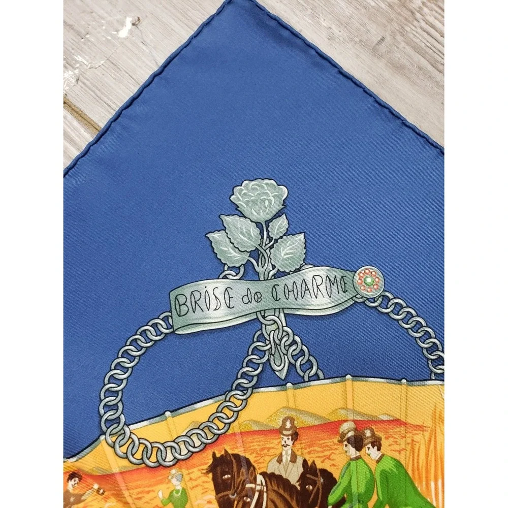 Hermès Brise de Charme 35in Silk Scarf Blue Equestrian Fan Design w Box